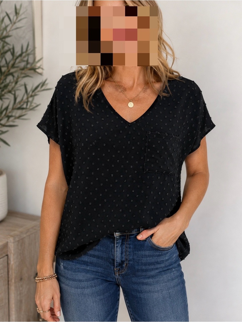 Black V-Neck Short Sleeve Pocket Blouse